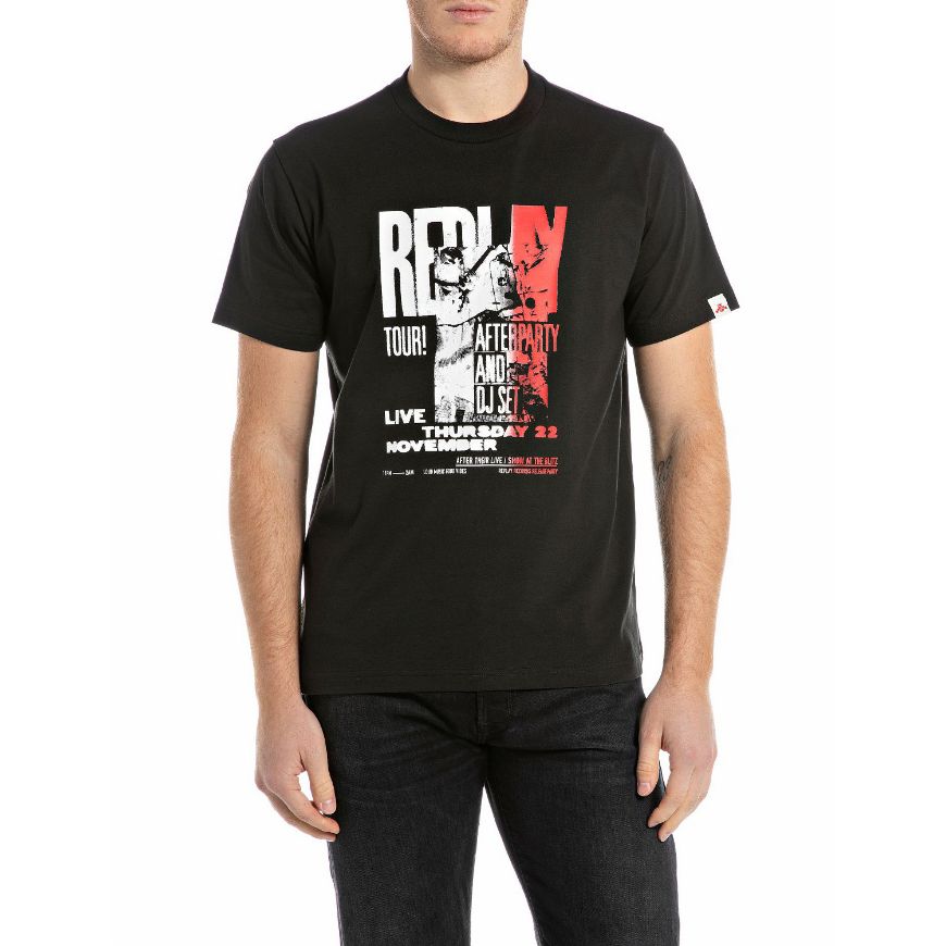 Picture of REPLAY MEN'S REGULAR-FIT JERSEY T-SHIRT WITH REPLAY TOUR PRINT IN BLACK