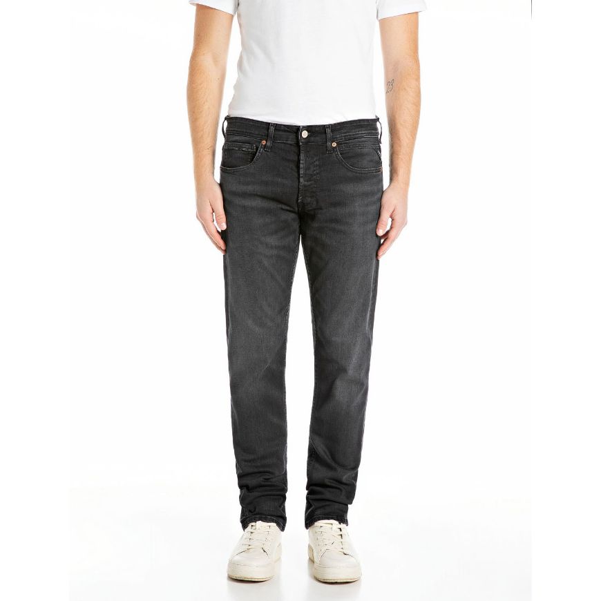 Picture of REPLAY MEN'S GROVER STRAIGHT-FIT JEANS 10.5 OZ BLACK OD STRETCH DENIM IN BLACK DELAVÉ