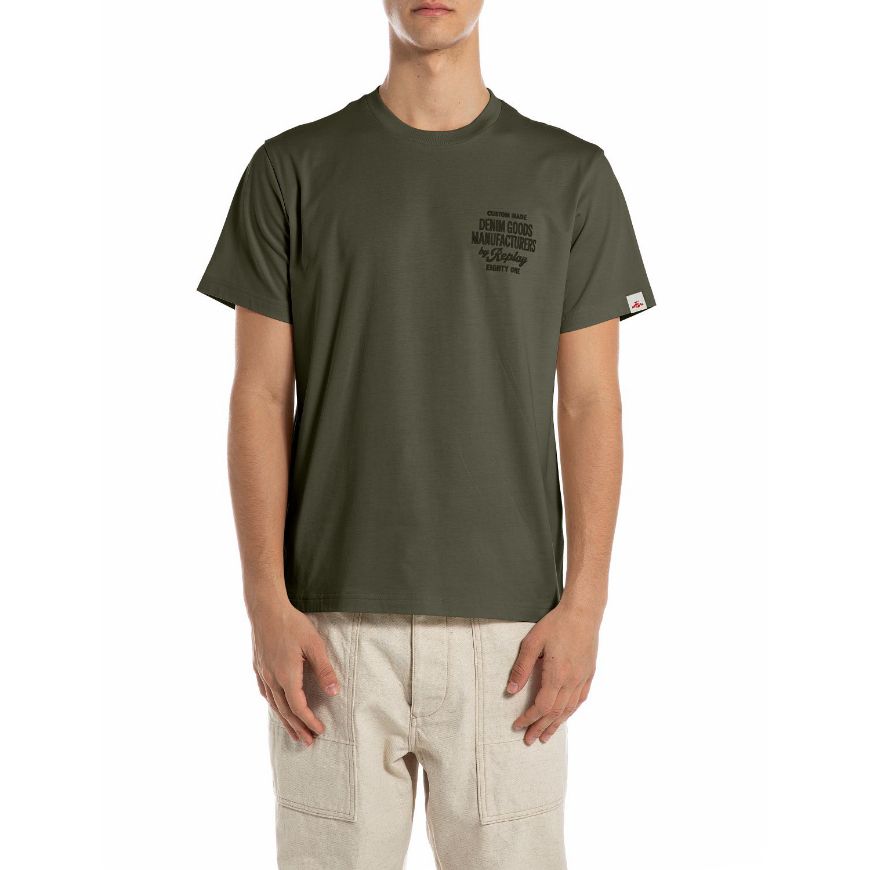 Picture of REPLAY MEN'S ORGANIC COTTON T-SHIRT WITH CHEST PRINT IN MILITARY GREEN