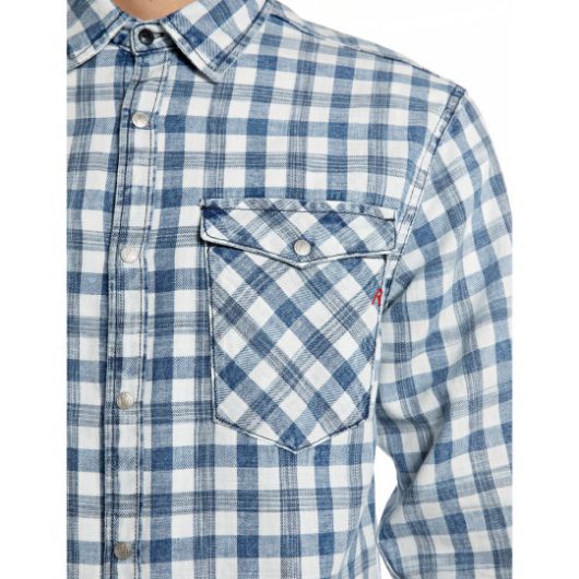 Show details for REPLAY MEN'S BLEACHED INDIGO CHECKED COTTON SHIRT IN INDIGO AND NATURAL WHITE 3 - FanPoint Picture of REPLAY MEN'S BLEACHED INDIGO CHECKED COTTON SHIRT IN INDIGO AND NATURAL WHITE 3