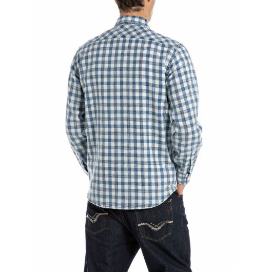 Show details for REPLAY MEN'S BLEACHED INDIGO CHECKED COTTON SHIRT IN INDIGO AND NATURAL WHITE 2 - FanPoint Picture of REPLAY MEN'S BLEACHED INDIGO CHECKED COTTON SHIRT IN INDIGO AND NATURAL WHITE 2