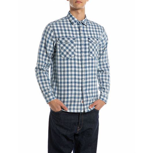 Show details for REPLAY MEN'S BLEACHED INDIGO CHECKED COTTON SHIRT IN INDIGO AND NATURAL WHITE 1 - FanPoint Picture of REPLAY MEN'S BLEACHED INDIGO CHECKED COTTON SHIRT IN INDIGO AND NATURAL WHITE 1