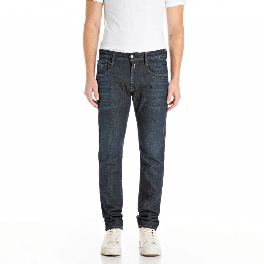 Picture of REPLAY MEN'S ANBASS SLIM-FIT JEANS 10.5 OZ DARK INDIGO SUPER STRETCH DENIM IN DARK BLUE