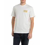 Picture of REPLAY MEN'S COTTON T-SHIRT WITH REPLAY GARAGE PRINTS IN NATURAL WHITE 1
