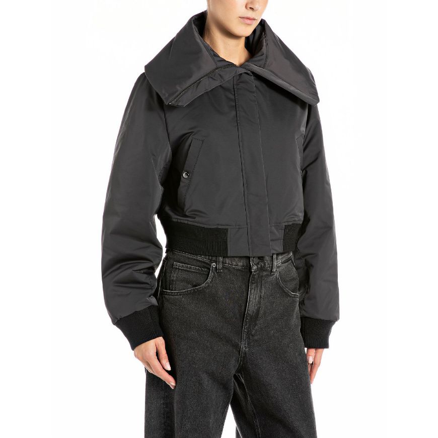 Picture of REPLAY WOMEN'S CROPPED POLY SATIN JACKET WITH HIGH COLLAR IN BLACK