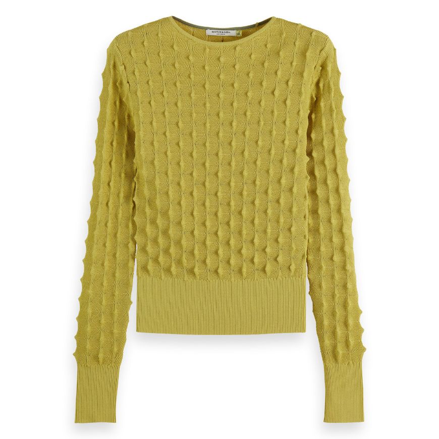Снимка на SCOTCH&SODA WOMEN'S SLASH NECK TEXTURED STITCH PULLOVER IN GOLDEN GREEN
