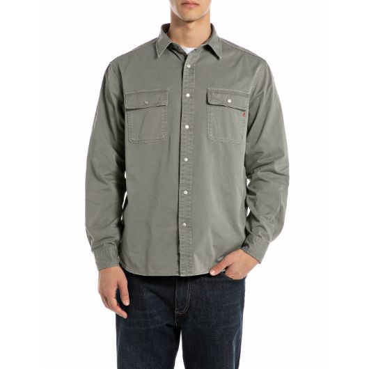Show details for REPLAY MEN'S GARMENT DYED OXFORD SHIRT IN GREY MILITARY 1 - FanPoint Picture of REPLAY MEN'S GARMENT DYED OXFORD SHIRT IN GREY MILITARY 1
