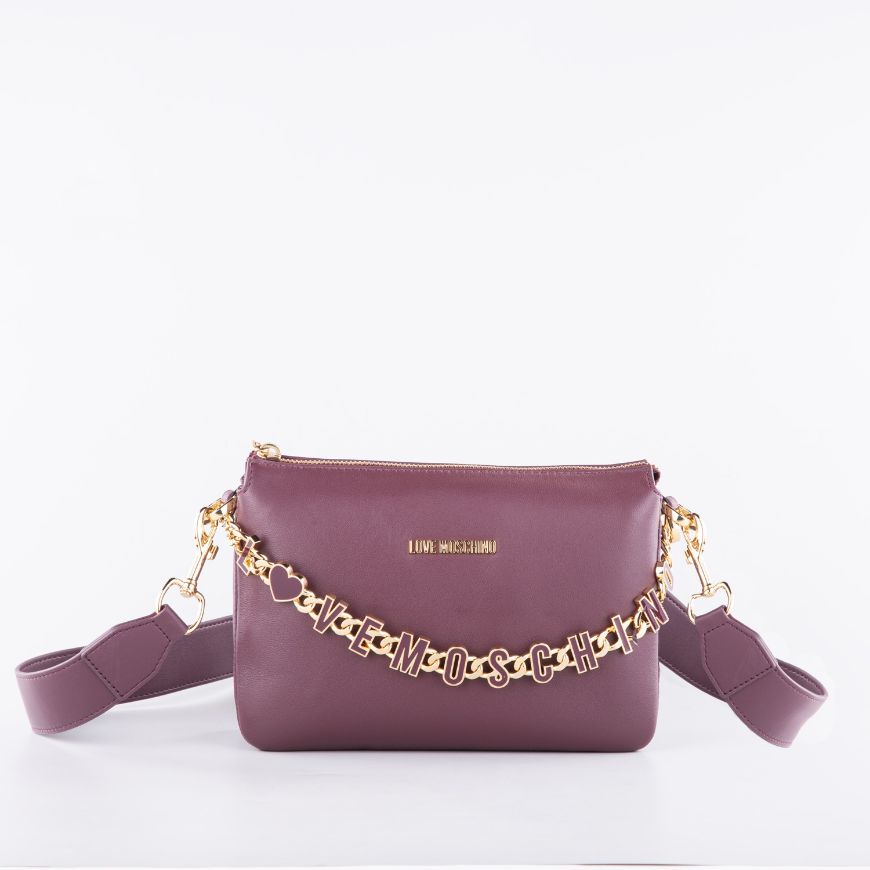 Снимка на LOVE MOSCHINO DANGLING ДАМСКА КОЖЕНА КРОСБОДИ ЧАНТА С ВЕРИГА В БОРДО
