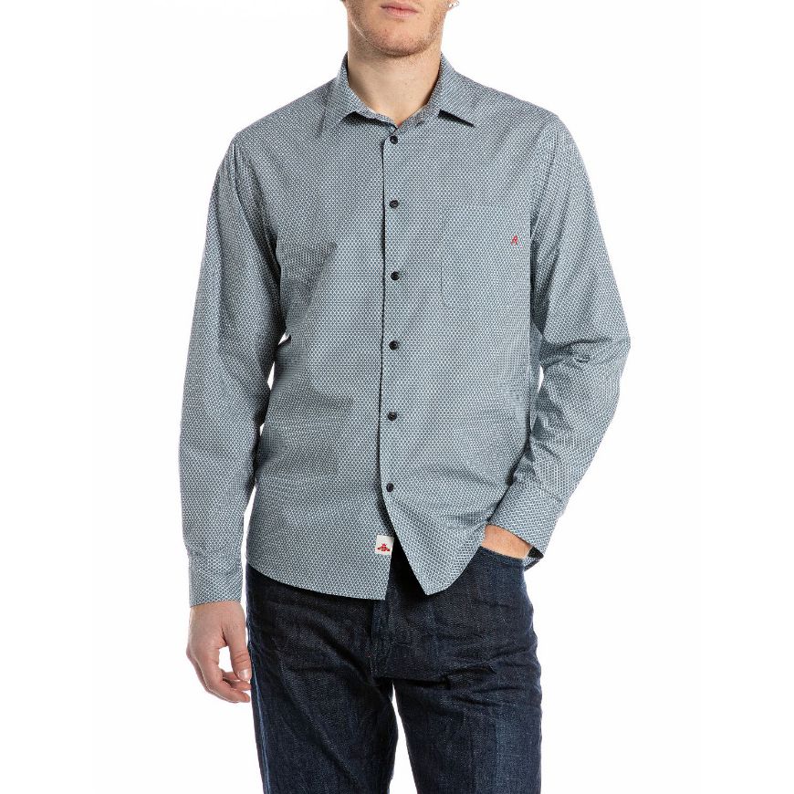 Picture of REPLAY MEN'S REGULAR-FIT PRINTED POPLIN SHIRT IN LIGHT BLUE