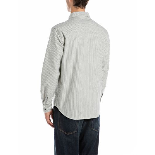 Show details for REPLAY MEN'S REGULAR-FIT STRIPED OXFORD SHIRT IN CREAM WHITE AND BLUE 2 - FanPoint Picture of REPLAY MEN'S REGULAR-FIT STRIPED OXFORD SHIRT IN CREAM WHITE AND BLUE 2
