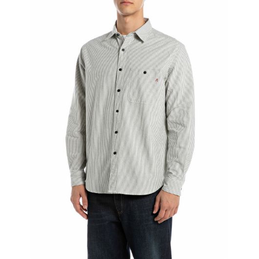 Show details for REPLAY MEN'S REGULAR-FIT STRIPED OXFORD SHIRT IN CREAM WHITE AND BLUE 1 - FanPoint Picture of REPLAY MEN'S REGULAR-FIT STRIPED OXFORD SHIRT IN CREAM WHITE AND BLUE 1