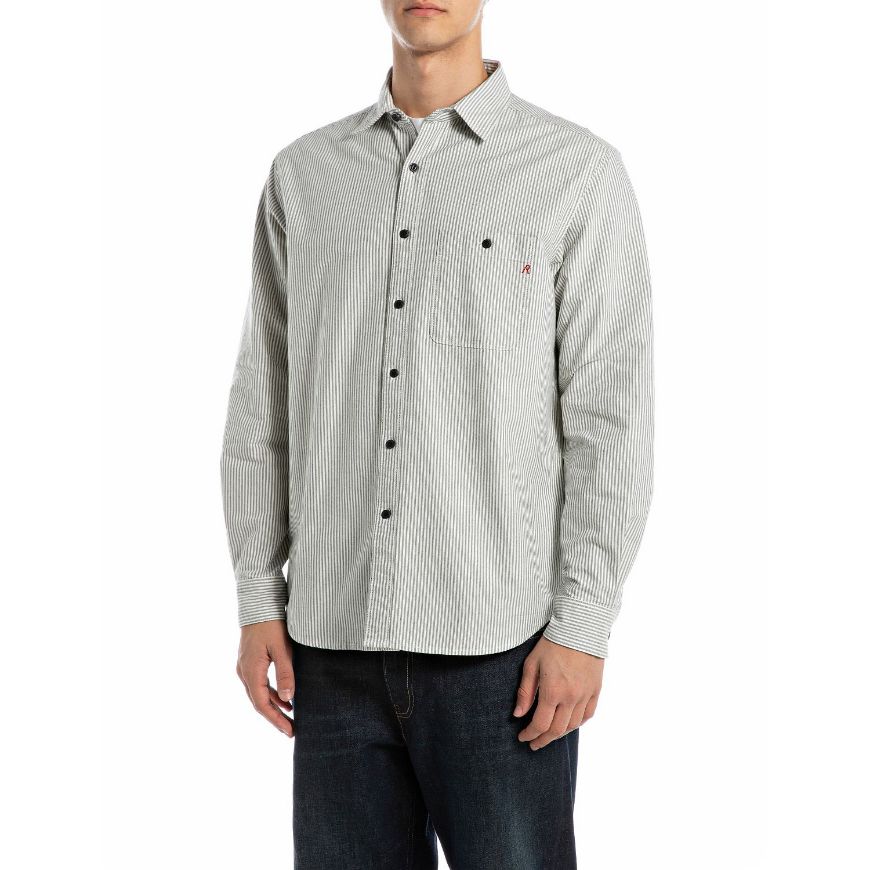Picture of REPLAY MEN'S REGULAR-FIT STRIPED OXFORD SHIRT IN CREAM WHITE AND BLUE