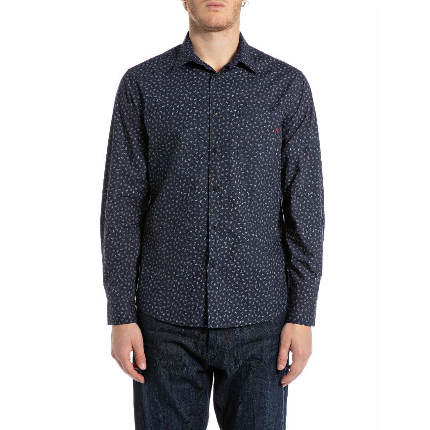 Picture of REPLAY MEN'S REGULAR-FIT ALL OVER PRINTED POPLIN SHIRT IN BLUE