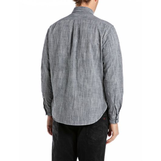 Show details for REPLAY MEN'S RELAXED-FIT SLUB COTTON CHAMBRAY SHIRT IN LIGHT INDIGO 2 - FanPoint Picture of REPLAY MEN'S RELAXED-FIT SLUB COTTON CHAMBRAY SHIRT IN LIGHT INDIGO 2