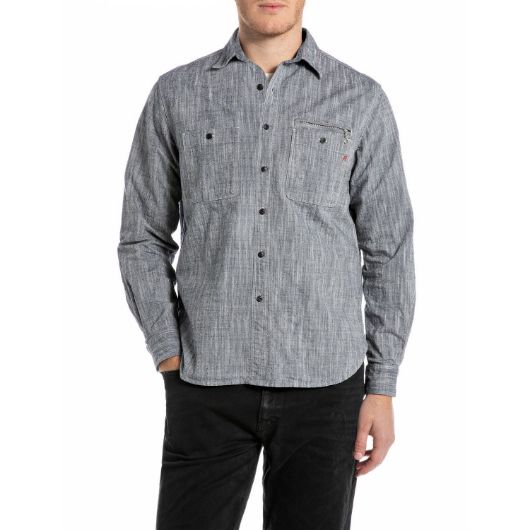 Show details for REPLAY MEN'S RELAXED-FIT SLUB COTTON CHAMBRAY SHIRT IN LIGHT INDIGO 1 - FanPoint Picture of REPLAY MEN'S RELAXED-FIT SLUB COTTON CHAMBRAY SHIRT IN LIGHT INDIGO 1