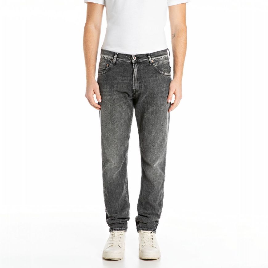 Picture of REPLAY MEN'S MICKYM SLIM-FIT JEANS 11 OZ WHITE WEFT BLACK COMFORT DENIM IN DARK GREY