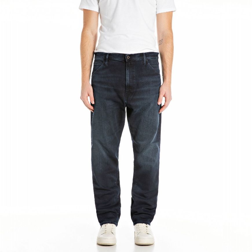 Picture of REPLAY MEN'S WAINE TAPERED-FIT JEANS 10.5 OZ BLUE BLACK STRETCH DENIM IN DARK BLUE