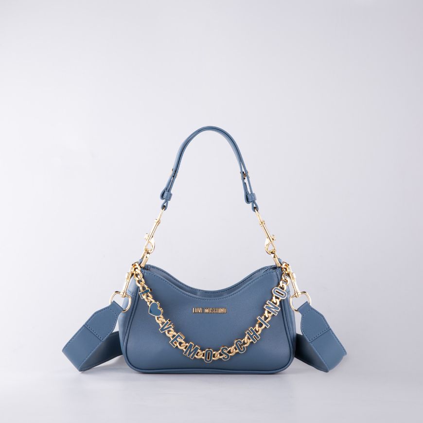 Снимка на LOVE MOSCHINO DANGLING ДАМСКА КОЖЕНА ХОБО ЧАНТА С ВЕРИГА В СИНЬО