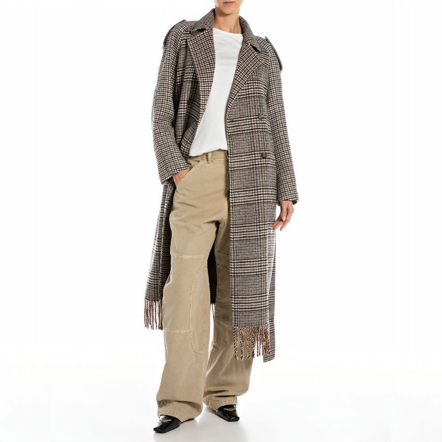 Picture of REPLAY WOMEN'S CHEQUERED WOOL-BLEND COAT WITH FRINGING IN BLACK/BROWN/WHITE