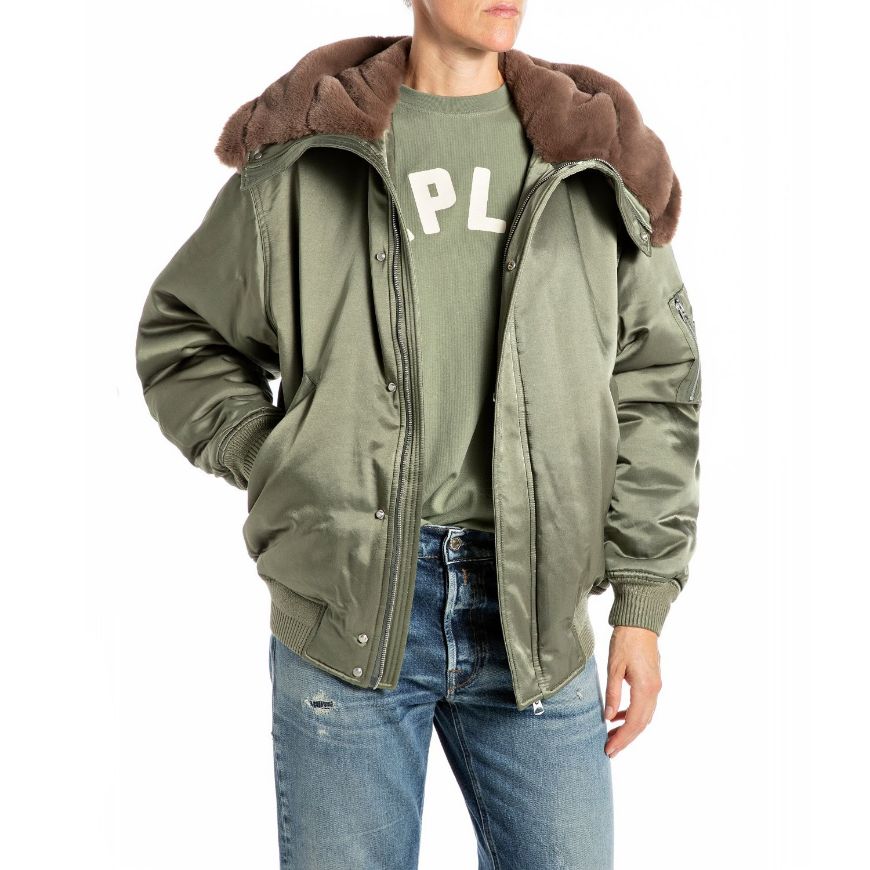 Picture of REPLAY WOMEN'S SATIN EFFECT JACKET WITH FAUX FUR COLLAR IN SAGE GREEN