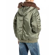 Picture of REPLAY WOMEN'S SATIN EFFECT JACKET WITH FAUX FUR COLLAR IN SAGE GREEN 3