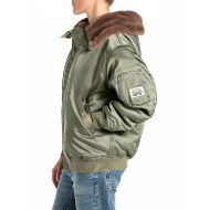 Picture of REPLAY WOMEN'S SATIN EFFECT JACKET WITH FAUX FUR COLLAR IN SAGE GREEN 2