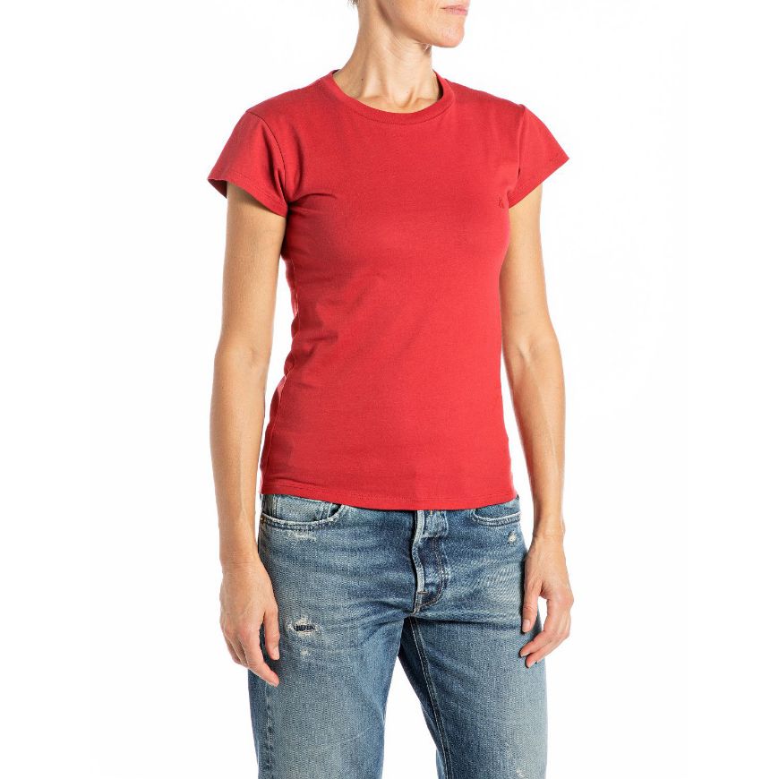 Picture of REPLAY WOMEN'S SKINNY-FIT T-SHIRT WITH EMBROIDERY IN WINE RED
