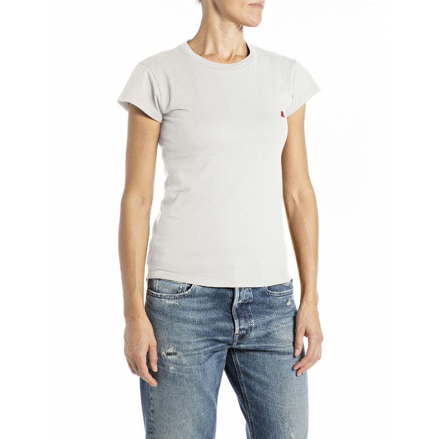 Picture of REPLAY WOMEN'S SKINNY-FIT T-SHIRT WITH EMBROIDERY IN NATURAL WHITE