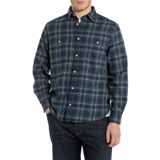 Show details for REPLAY MEN'S CHECKED COTTON SHIRT IN BLUE AND GREY 1 - FanPoint Picture of REPLAY MEN'S CHECKED COTTON SHIRT IN BLUE AND GREY 1