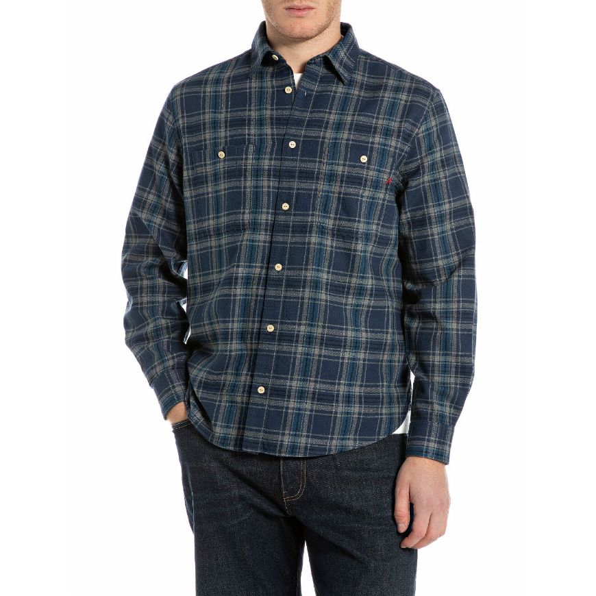 Picture of REPLAY MEN'S CHECKED COTTON SHIRT IN BLUE AND GREY