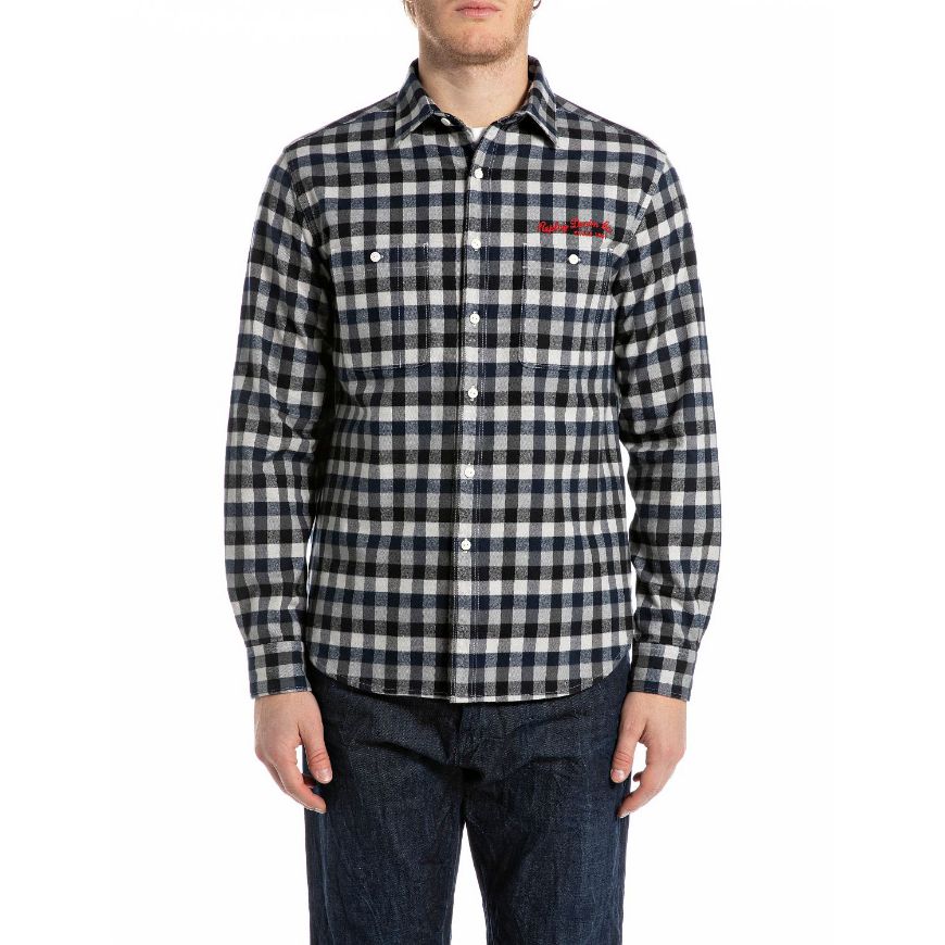 Picture of REPLAY MEN'S CHECKED FLANNEL SHIRT IN BLUE/BLACK/GREY