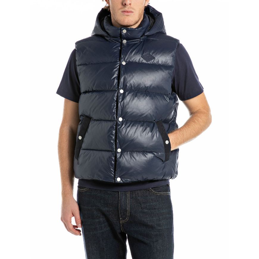 Picture of REPLAY MEN'S PADDED HOODED VEST IN SHINY POLYESTER IN DEEP NAVY