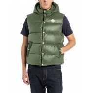 Picture of REPLAY MEN'S PADDED HOODED VEST IN SHINY POLYESTER IN ARMY GREEN 1