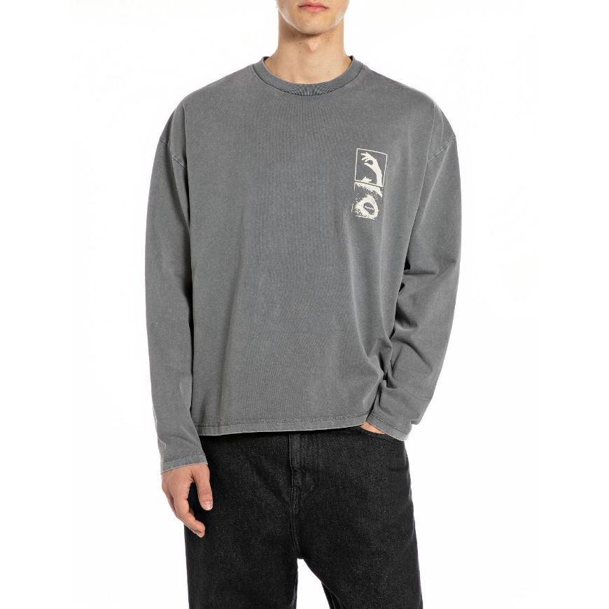 Picture of REPLAY MEN'S INC HUMAN LONG-SLEEVED T-SHIRT WITH PRINTS IN STONED GREY