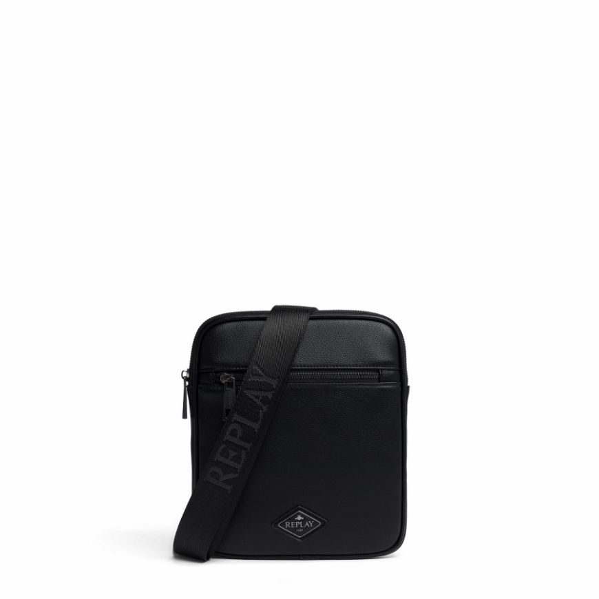 Picture of REPLAY MEN'S HAMMERED PU CROSSBODY BAG WITH DIAMOND LOGO IN BLACK