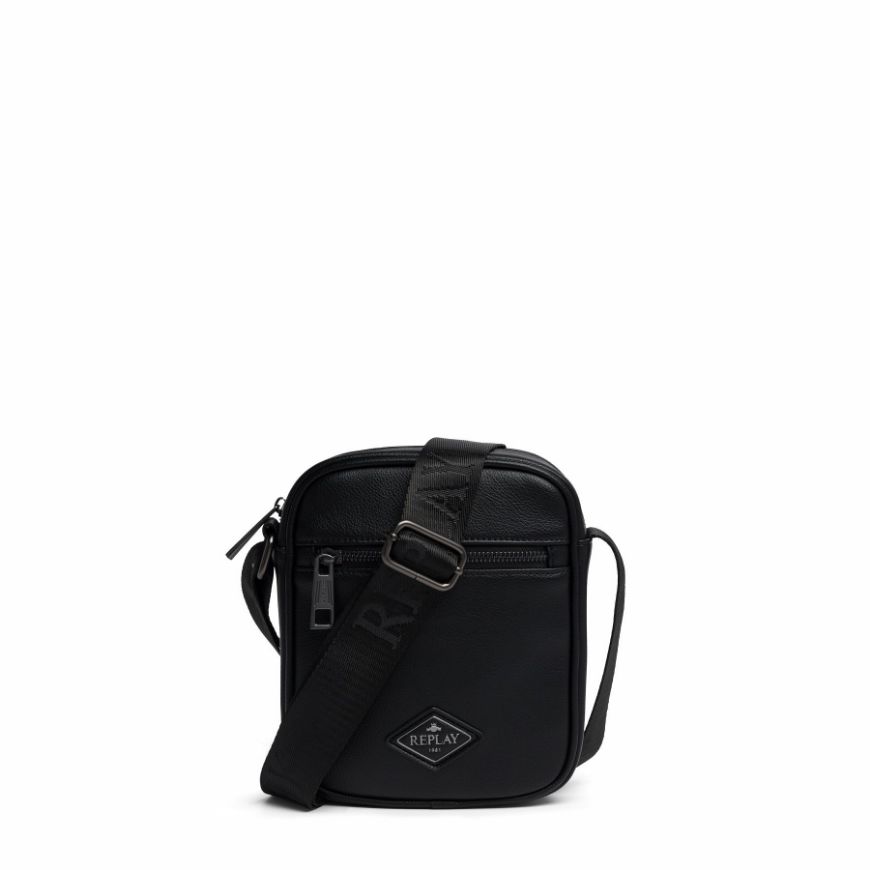 Picture of REPLAY MEN'S HAMMERED PU CROSS BODY BAG WITH DIAMOND LOGO IN BLACK