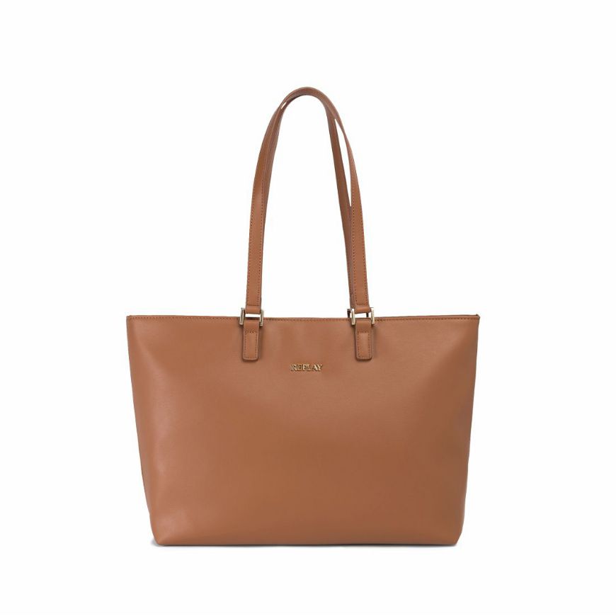 Picture of REPLAY WOMEN'S SOLID-COLOUR SHOPPER WITH LOGO IN CARAMEL CAFE
