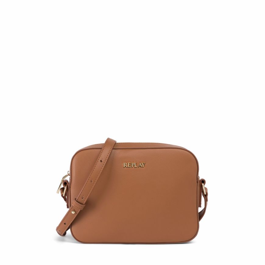 Picture of REPLAY WOMEN'S SOLID-COLOUR CAMERA BAG WITH LOGO IN CARAMEL CAFE