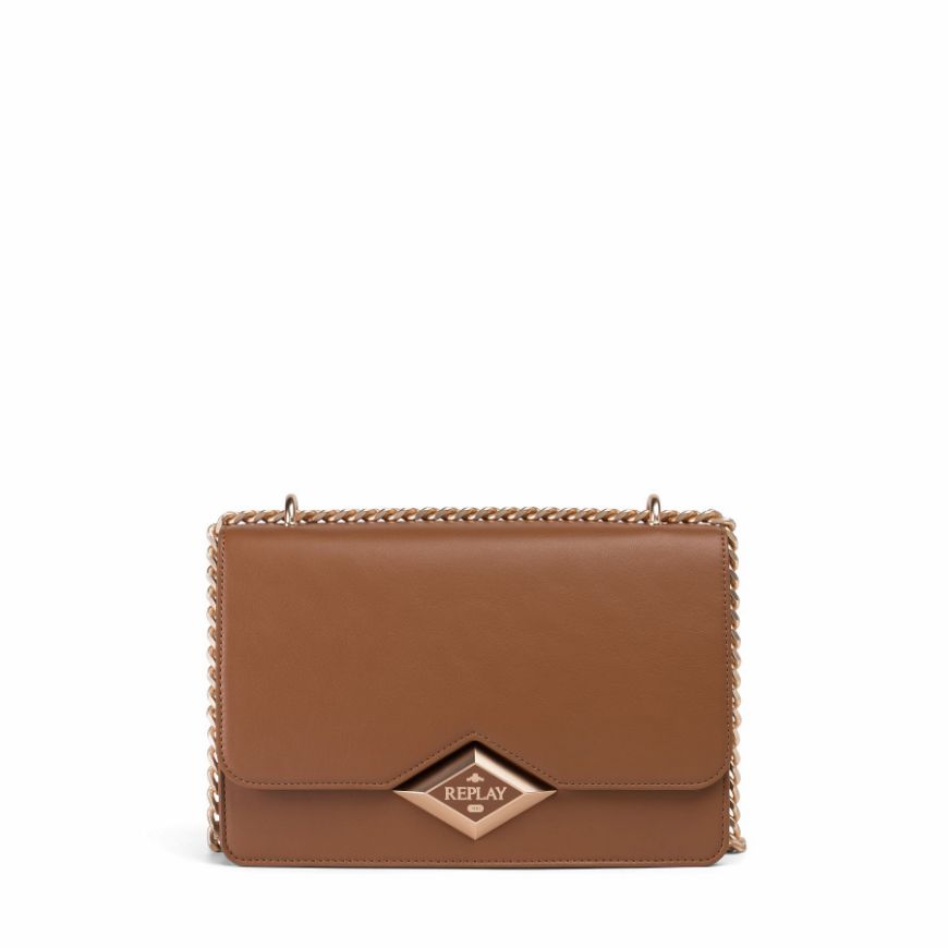 Picture of REPLAY WOMEN'S CROSSBODY BAG WITH BELT WITH DIAMOND LOGO IN CARAMEL CAFE
