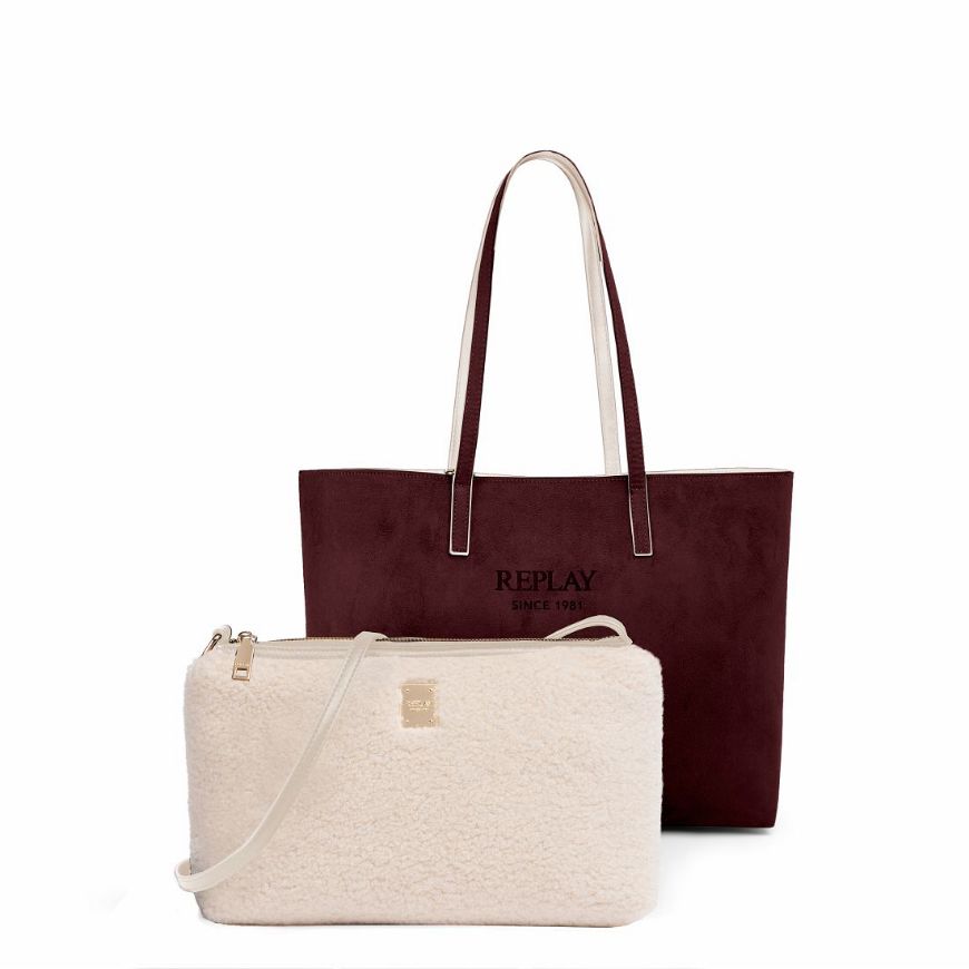 Picture of REPLAY WOMEN'S REVERSIBLE SHOPPER BAG WITH CLUTCH IN OFF WHITE AND HUCKLEBERRY