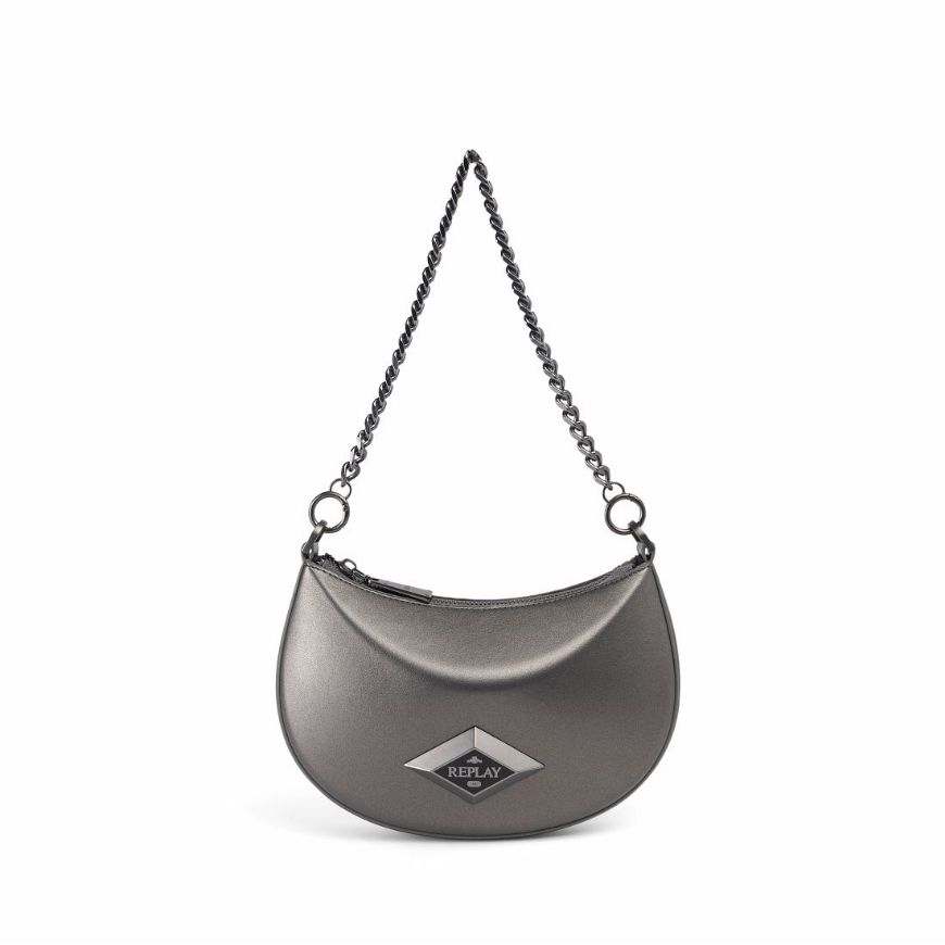Picture of REPLAY WOMEN'S CROSSBODY BAG IN SOFT PU WITH METALLIC DIAMOND LOGO IN GUN METAL