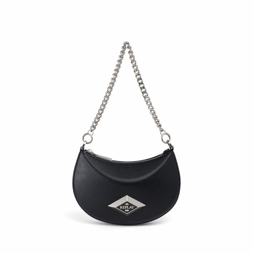 Picture of REPLAY WOMEN'S CROSSBODY BAG IN SOFT PU WITH METALLIC DIAMOND LOGO IN BLACK