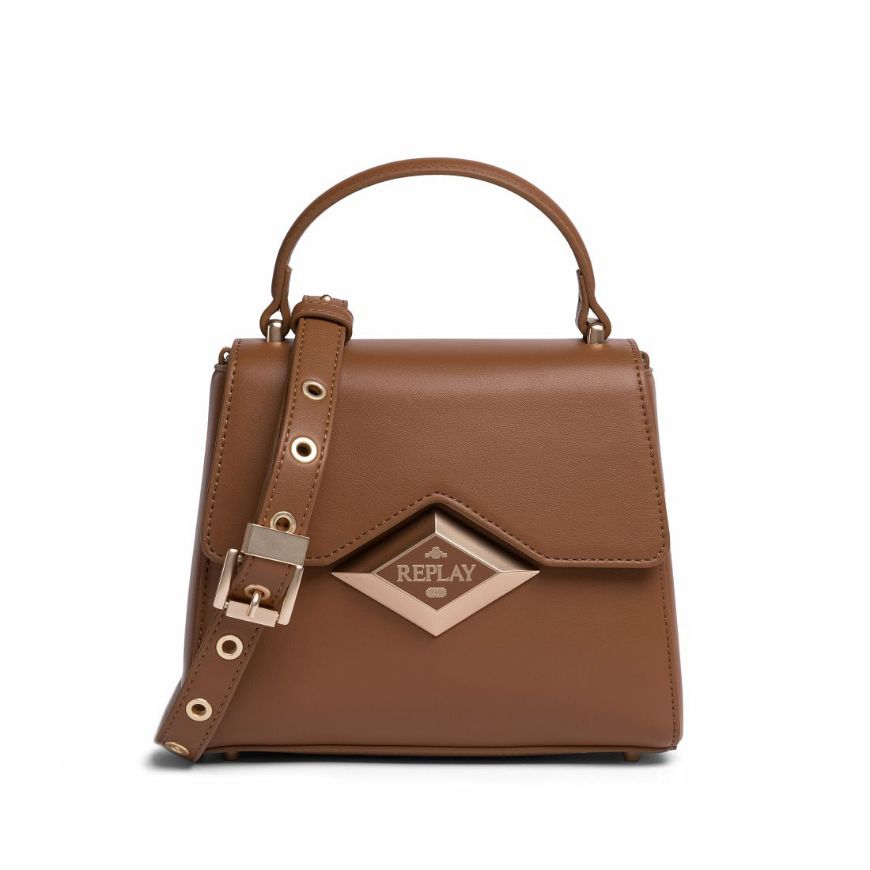 Picture of REPLAY WOMEN'S BAG IN SOFT PU WITH METALLIC DIAMOND LOGO IN CARAMEL CAFE