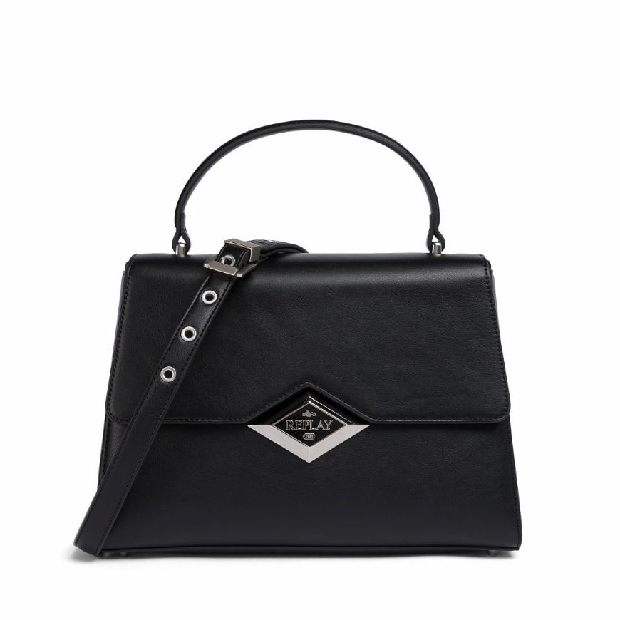 Picture of REPLAY WOMEN'S MEDIUM BAG IN SOFT PU WITH METALLIC DIAMOND LOGO IN BLACK
