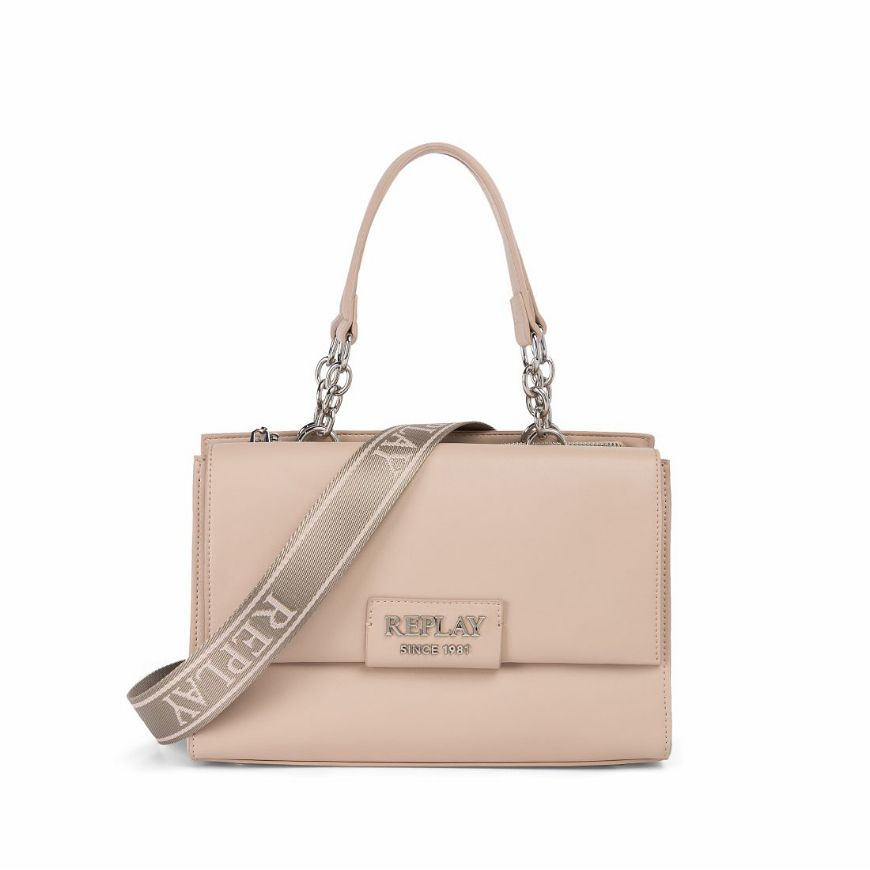 Picture of REPLAY WOMEN'S SOLID-COLOURED BAG WITH CHAIN HANDLE AND SHOULDER STRAP IN MOON LIGHT