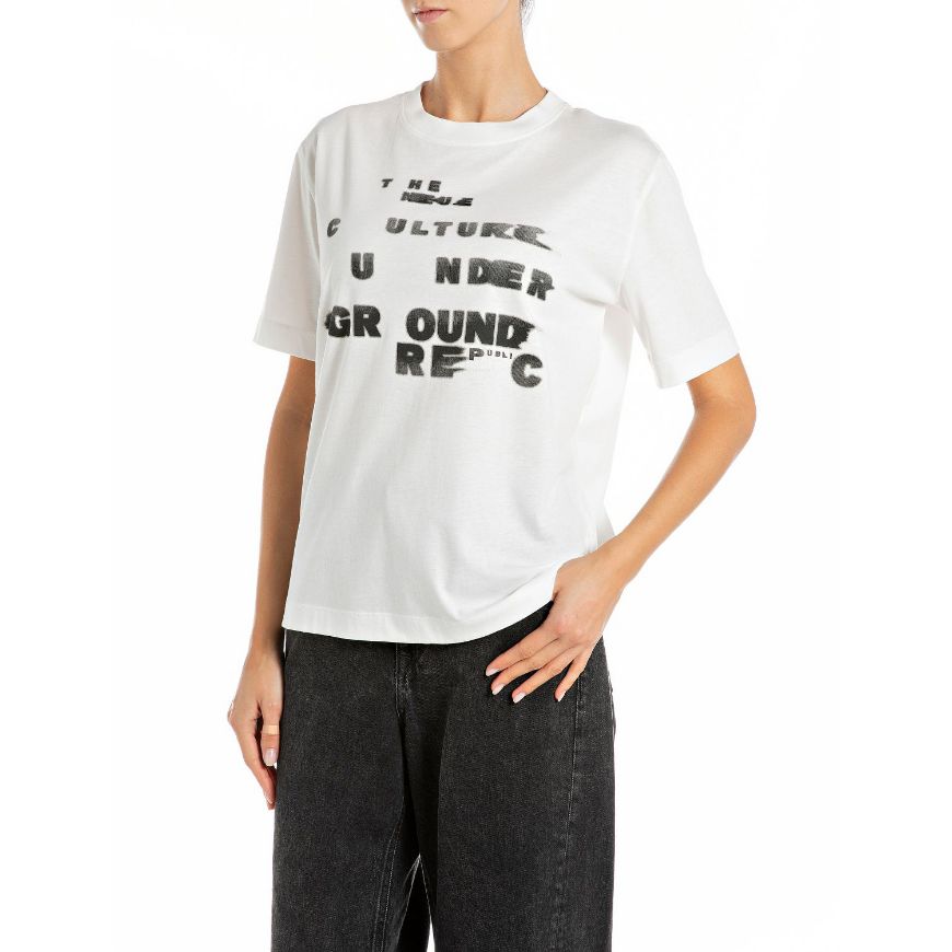 Picture of REPLAY WOMEN'S COTTON T-SHIRT WITH LETTERING PRINT IN OFF WHITE