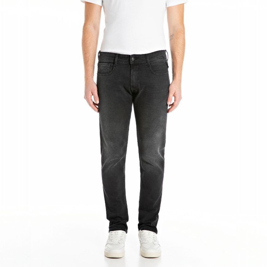 Picture of REPLAY MEN'S ROCCO COMFORT-FIT JEANS 11 OZ BLACK OD DENIM IN BLACK DELAVÉ