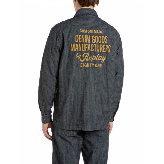 Show details for REPLAY MEN'S HERRINGBONE DENIM SHIRT WITH LETTERING ON THE BACK IN DARK BLUE 2 - FanPoint Picture of REPLAY MEN'S HERRINGBONE DENIM SHIRT WITH LETTERING ON THE BACK IN DARK BLUE 2
