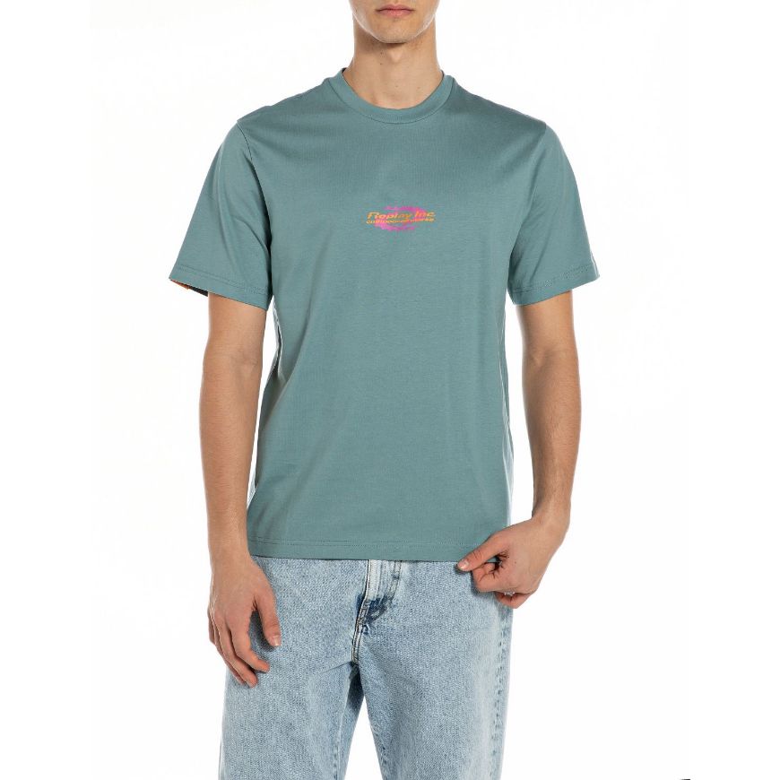 Picture of REPLAY MEN'S INC REGULAR-FIT GEAR T-SHIRT IN HARDWARE AZURE