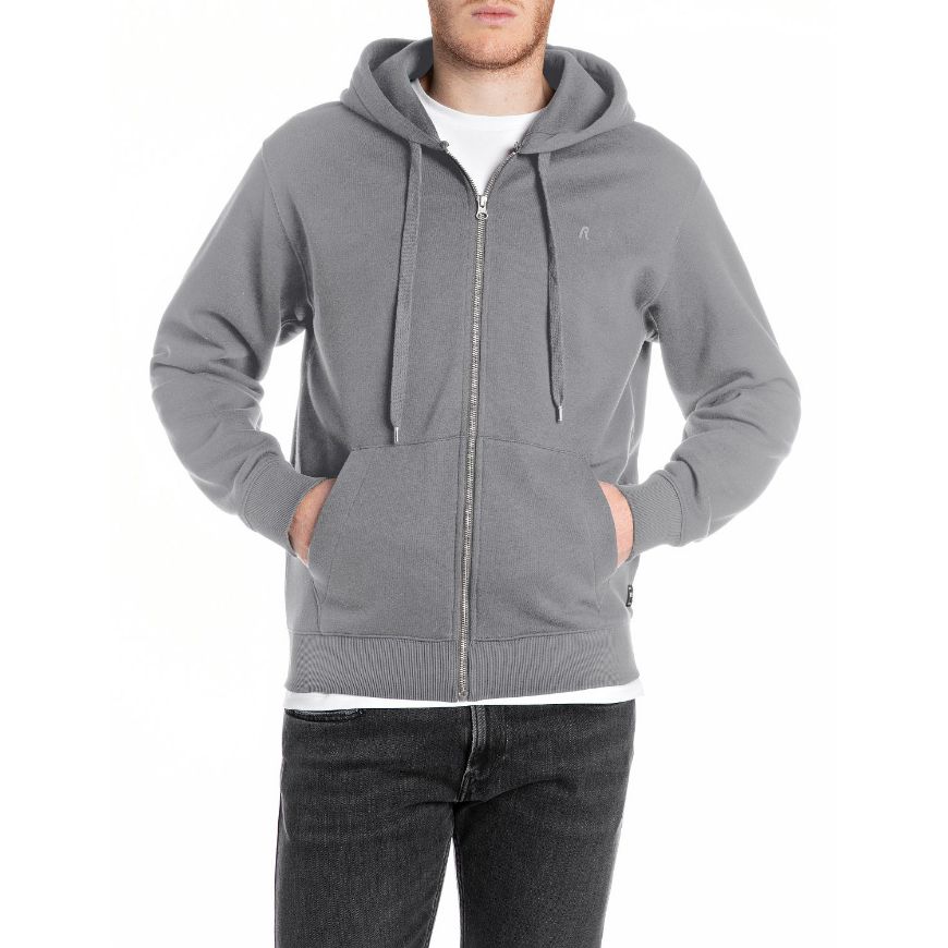 Picture of REPLAY MEN'S BRUSHED FLEECE FULL-ZIP HOODY WITH LOGO IN LEAD GREY
